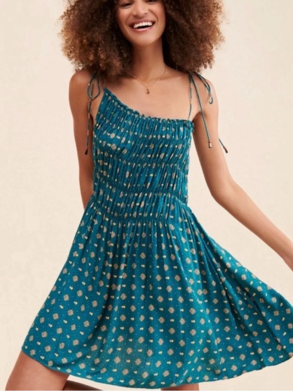 Free People Clementina Asymmetrical Mini Dress Teal Blue size Large Oversized